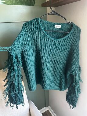 Teal Fringe Sleeve Crew Neck Sweater by Amici